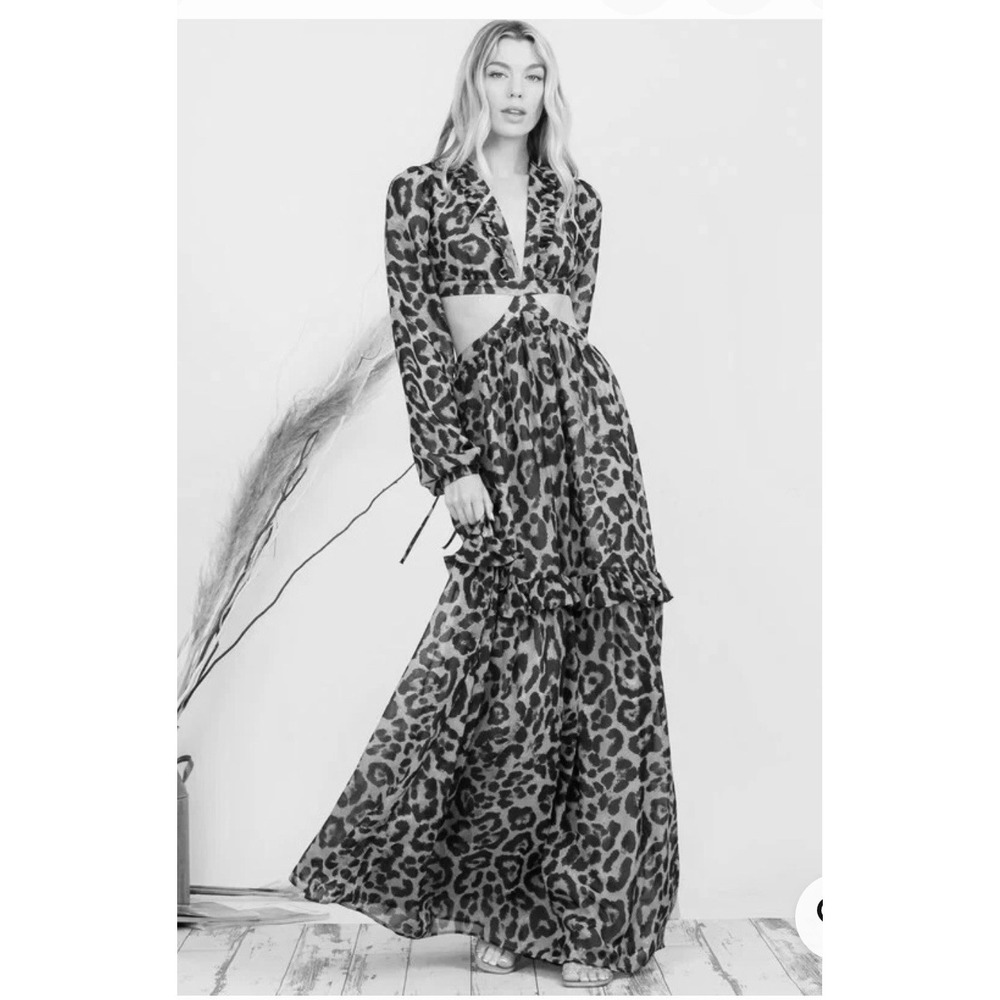 Dress Day NWT Leopard Print Taupe Black Brown Chiffon Maxi Dress‎ Size Small